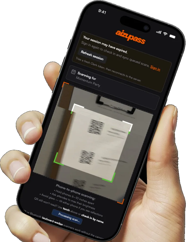 Phone scanning QR codes at the door with AizuPass — sign in to sync, refresh session, and live viewfinder scanning.